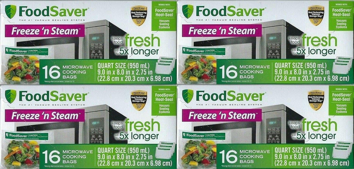 FoodSaver 1-Quart Freeze 'n Steam Microwavable Single-Cooking Bags, 16 Count, Clear (Pack of 8)