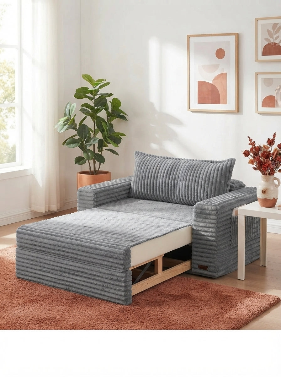 A convertible sofa bed partially extended in a bright living room with terracotta and burnt sienna decor accents.
